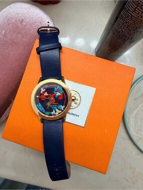 Tory Burch Gigi Navy Leather Strap Watch with Embroidered Floral Dial